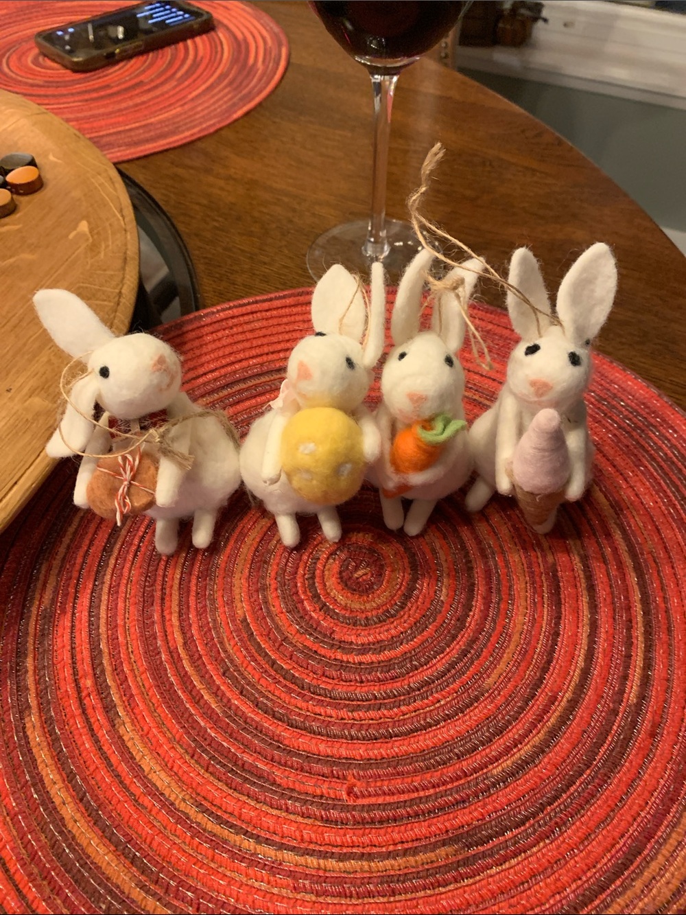 Set of 4 white Felt Bunny Ornament Trio with Yellow, Pink, and Orange Accessorie